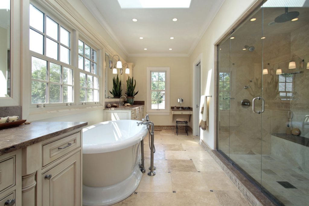 Bathroom Remodel with tub and shower in long bathroom